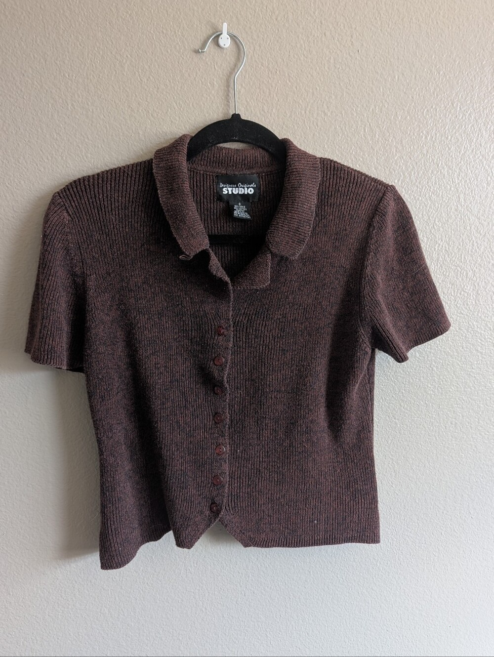 Vintage 90s Designers Originals Brown Ribbed Knit Short Sleeve Cardigan Top S - Picture 1 of 8